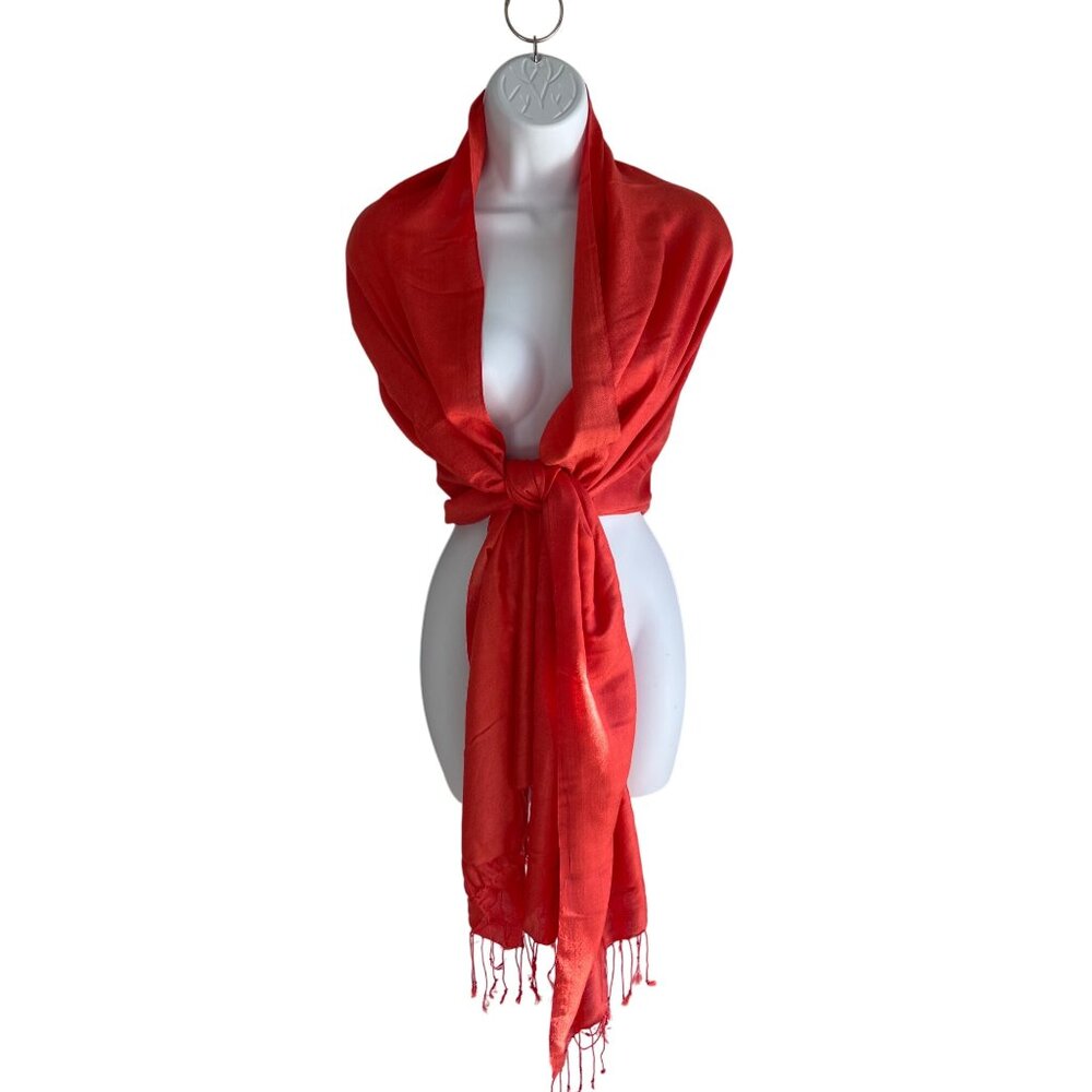 Red Lightweight Shawl Scarf Wrap With Fringe Trim 36" X 26" Elegant Accessory 1j
